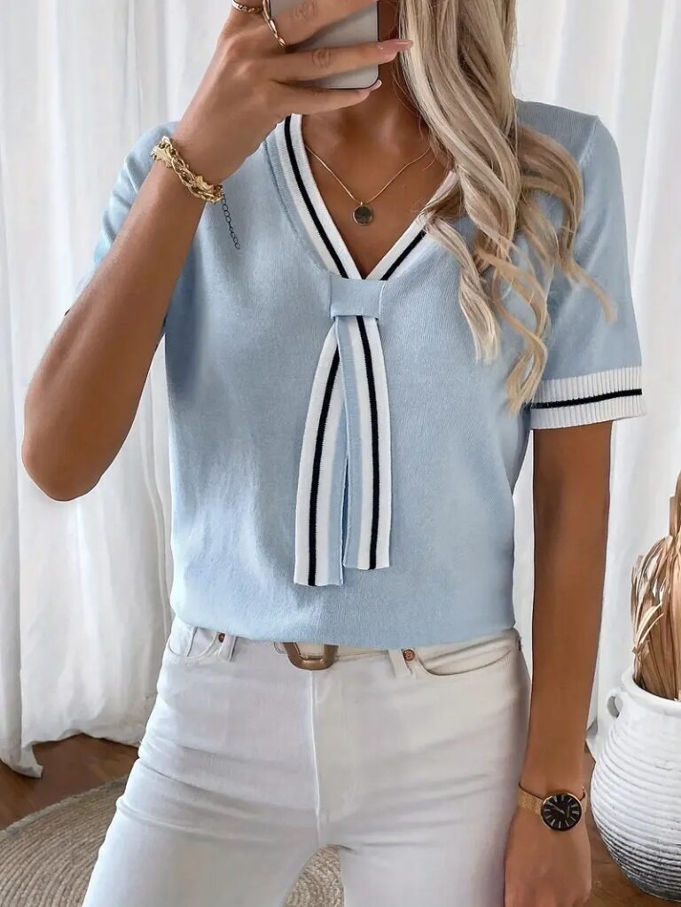 Women’s Powder Blue Elegant V-Neck Knit Top